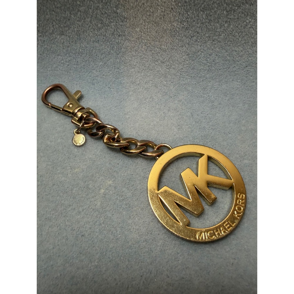 Michael Kors MK Logo Bag Charm Key Ring Gold Tone Curb Chain Handbag Accessory